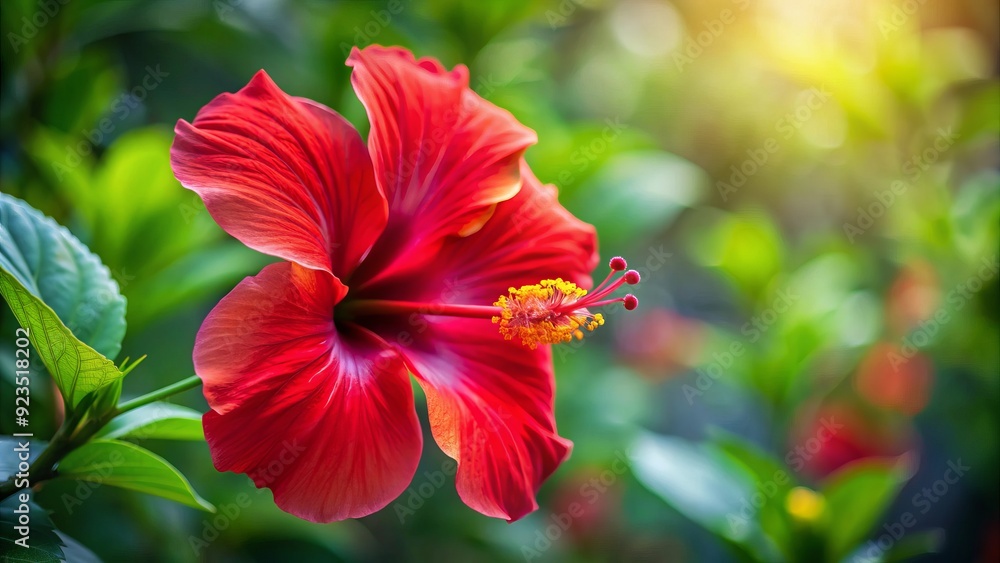 Vibrant red hibiscus flower with delicate curved petals and prominent golden center, set against a soft blurred background, exuding tropical beauty and serenity. Vibrant red hibiscus flower with delicate curved petals and prominent golden center, set against a soft blurred background, exuding tropical beauty and serenity.