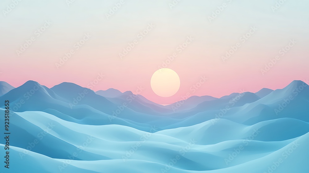 Fototapeta premium Serene Gradient Mountain Landscape in Cyan and Blush Tones - 3D Vector Illustration with Soft Sunlight and Shadows