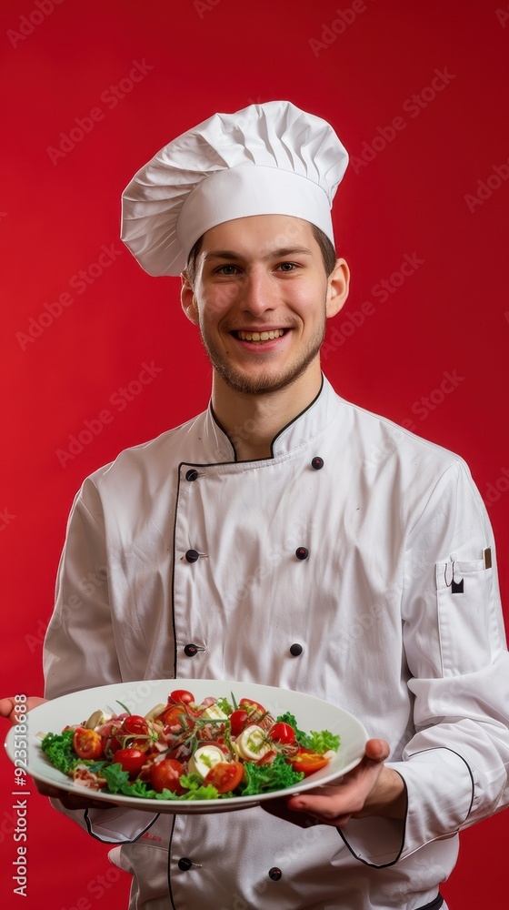 A smiling chef showcases a beautifully plated dish against a vibrant red background A smiling chef showcases a beautifully plated dish against a vibrant red background