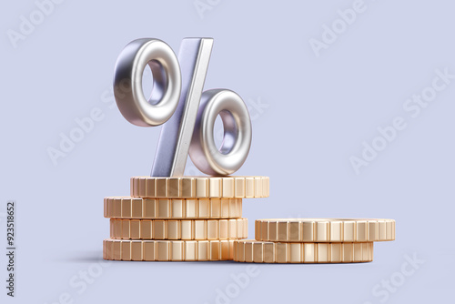 Interest rate and dividend concept. Percentage symbol on stack of coins. Interest rates continue to increase, return on stocks and mutual funds, long term investment for retirement. 3d rendered photo