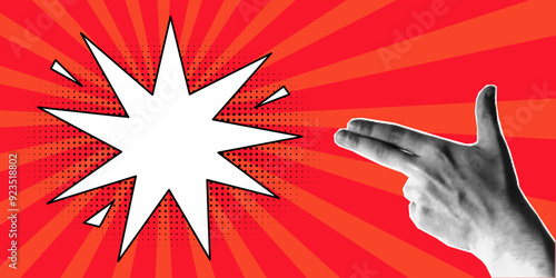 Template for vintage pop art banner, speech bubble, explosion in a comic style, empty space for text. Halftone collage, hand gesture in the shape of a gun, two fingers, revolver, red background.
