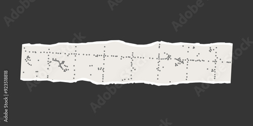 Torn sheet of checkered paper with uneven edges on a dark background. Dotted textured background, noisy gritty effect. Banner template, empty space for text, ripped vintage stripe.
