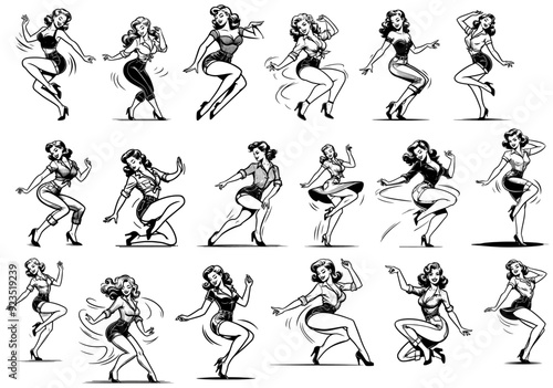 pinup girl, beauty pin-up dancing woman vintage style black dynamic 
vector transparent background, no color silhouette sketch illustration