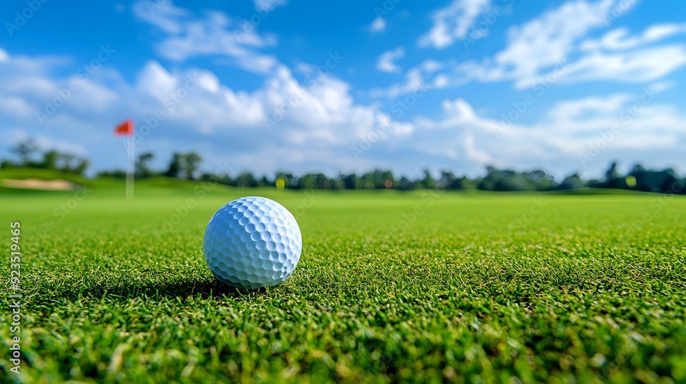A golf ball rests on the green grass near a hole, with a flag in the background A golf ball rests on the green grass near a hole, with a flag in the background