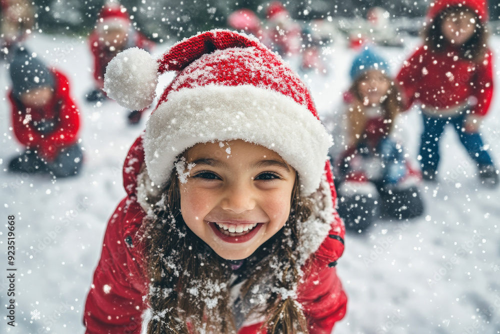 Happy joyful kids playing in snow during Christmas winter holidays season Happy joyful kids playing in snow during Christmas winter holidays season