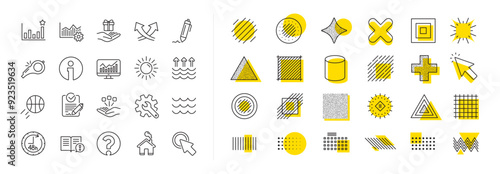 Customisation, Global warming, Question mark icons. Design shape elements. Waves, sun, efficacy line icons. Signature Rfp, Information, Efficacy. Waves, Consolidation, Operational excellence. Vector