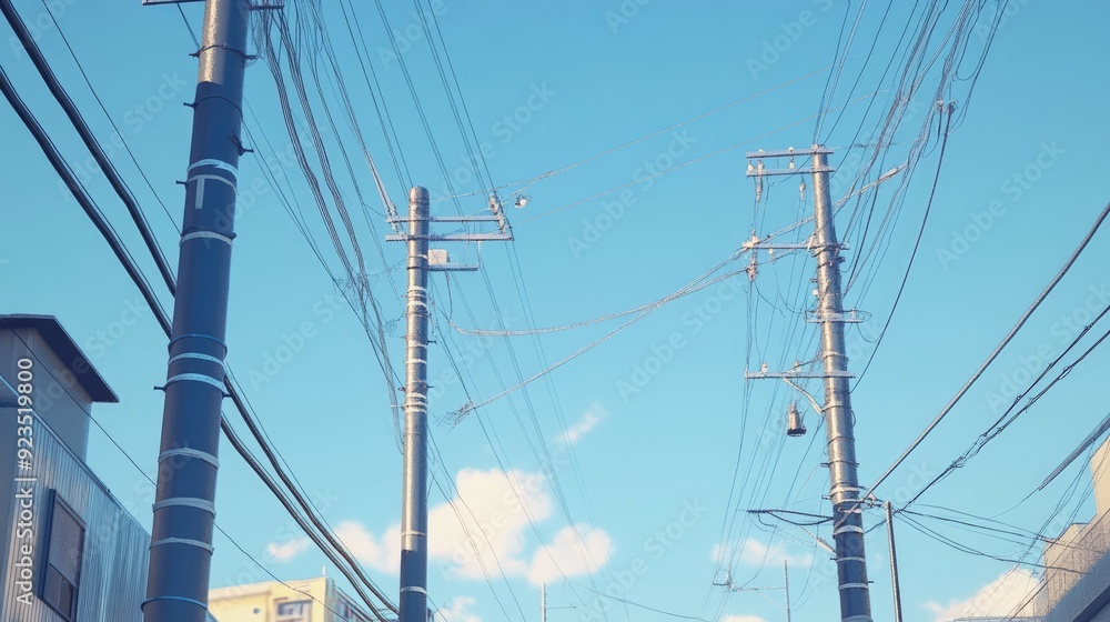view of electricity poles and wires in sunny weather view of electricity poles and wires in sunny weather