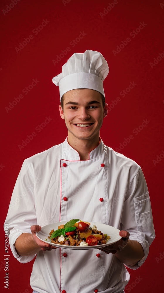 A young chef smiles while holding a vibrant plate of pasta filled with fresh vegetables A young chef smiles while holding a vibrant plate of pasta filled with fresh vegetables