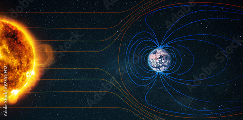 Fototapeta Naklejka Na Ścianę i Meble -  Earth's magnetic field, creative. Earth's magnetic field, the Earth, the sun and solar wind, the flow of particles.Solar flare and earth magnetic storms