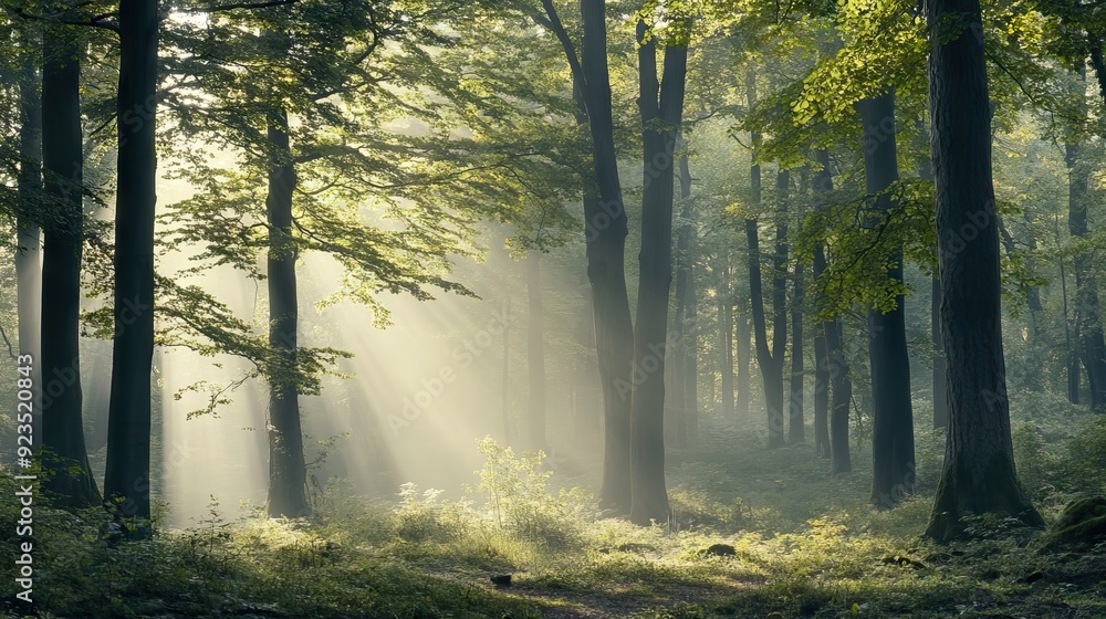 Obraz premium Tranquil Forest Scene with Towering Trees, Soft Sunlight, and Gentle Mist. AI generated illustration