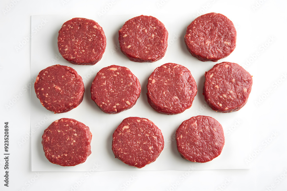 Top view close-up of uncooked beef burgers patty isolated on a white background Top view close-up of uncooked beef burgers patty isolated on a white background