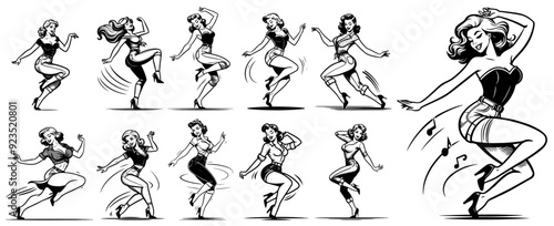 pinup girl, beauty pin-up dancing woman vintage style black dynamic 
vector transparent background, no color silhouette sketch illustration