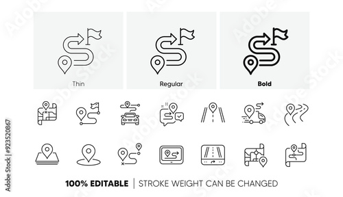 Journey path, Route map and Trip distance. Road map line icons. GPS street pin, Car route and Distance flag icons. Road trip, highway traffic and journey travel map. Navigation target pointer. Vector