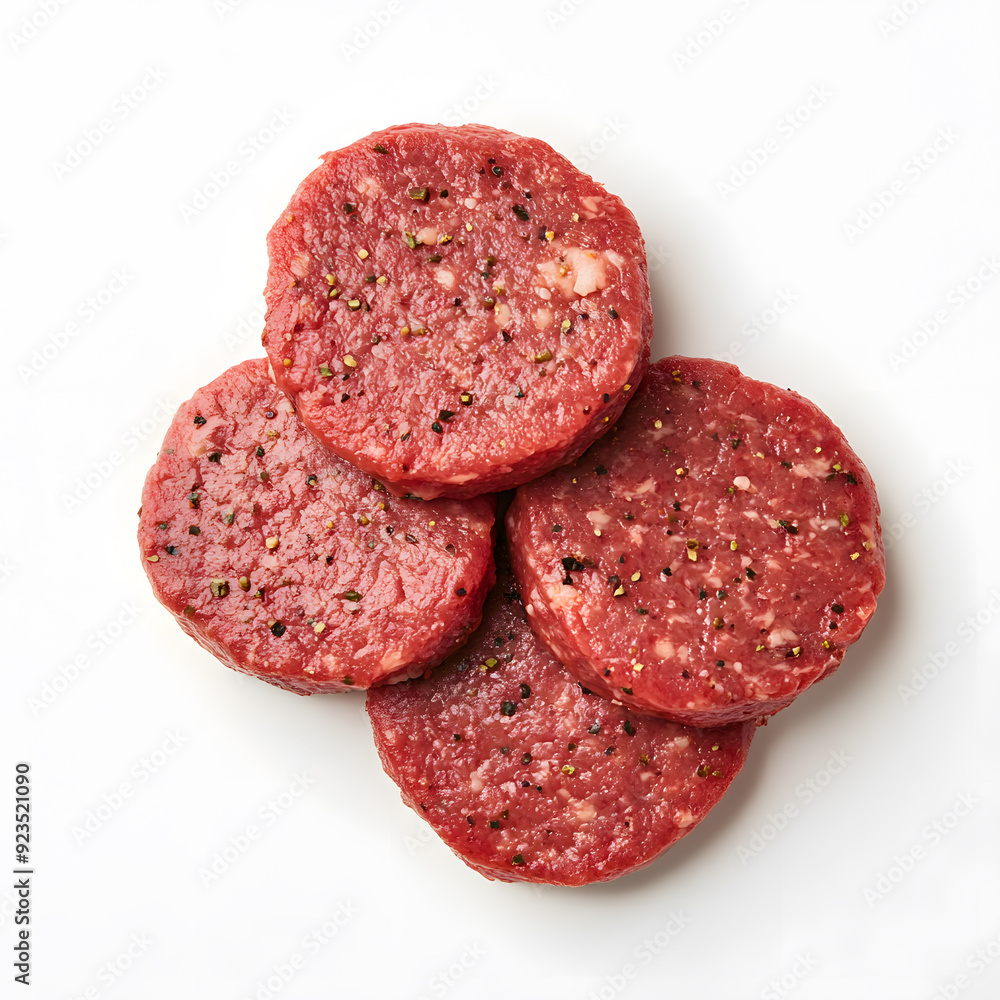 Top view close-up of uncooked beef burgers patty isolated on a white background Top view close-up of uncooked beef burgers patty isolated on a white background