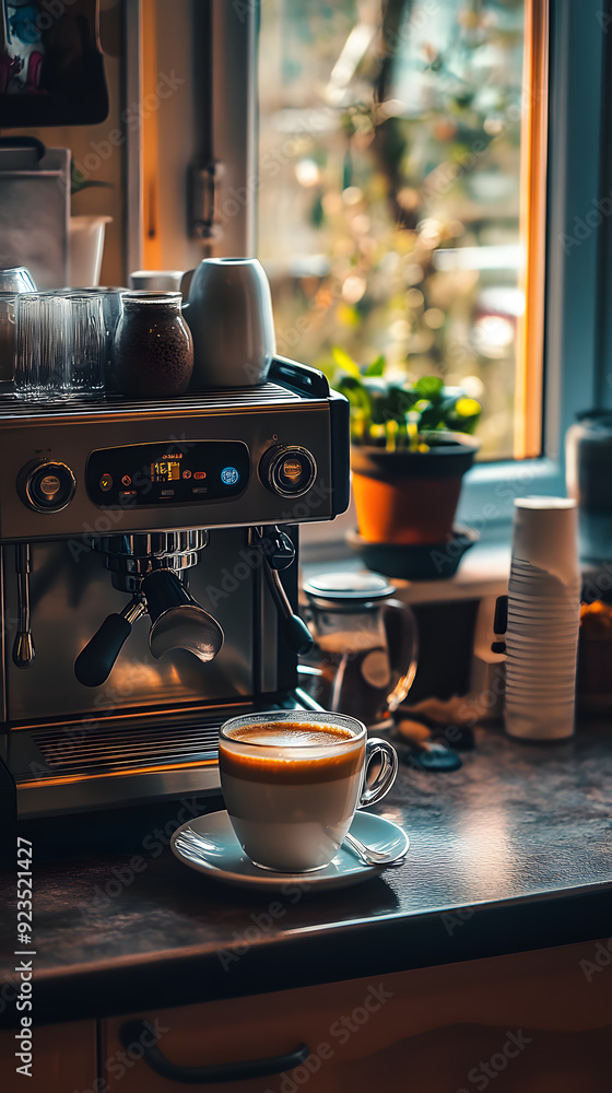 Cozy hot cup of coffee on table at home made with the coffee machine. Cozy hot cup of coffee on table at home made with the coffee machine.