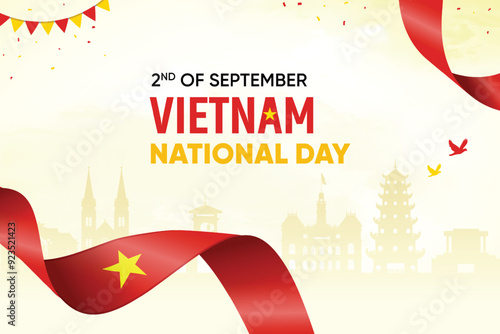 Vietnam Flag Waving On Skyline Background. Independence Day Concept Design Vector Illustration.
