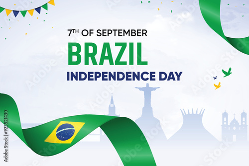 Brazil Flag Waving On Skyline Background. Independence Day Concept Design Vector Illustration.