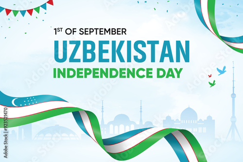 Uzbekistan Flag Waving On Skyline Background. Independence Day Concept Design Vector Illustration.