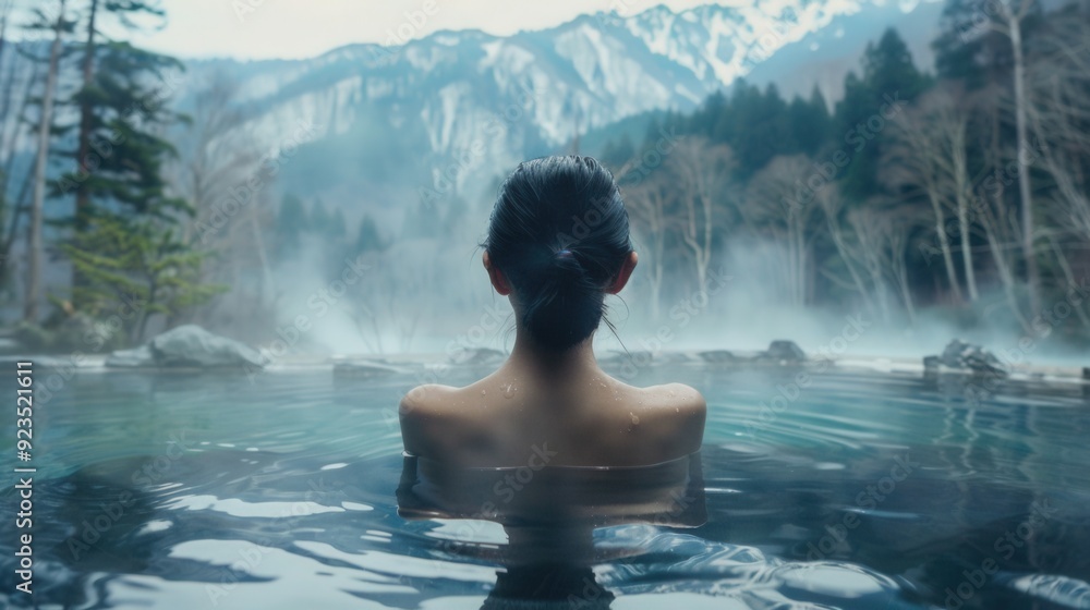 Back view of a female in spa pool with beautiful scenic view Back view of a female in spa pool with beautiful scenic view