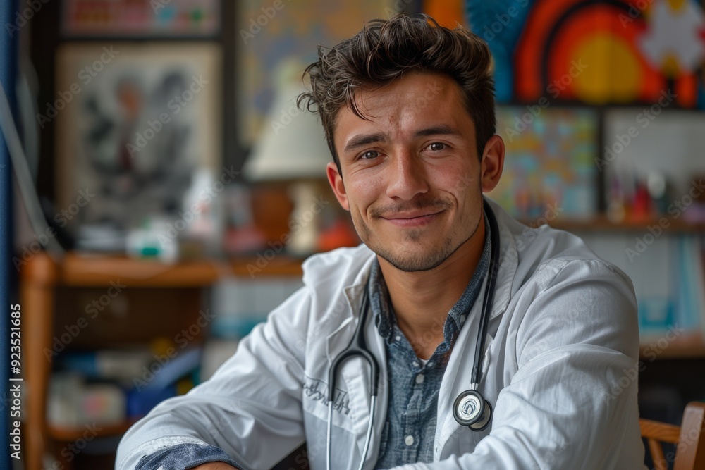 Obraz premium Young Healthcare Professional Smiling While Sitting in Clinic Office With Colorful Artwork