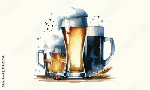 mug beer, free drink, watercolor mugs of beer, alcohol drinks, hand drawn illustration, watercolor mugs of beer