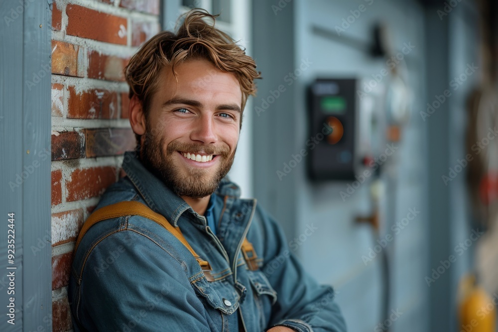Smiling Man in Denim Jacket Leaning Against Brick Wall During Daylight Hours Smiling Man in Denim Jacket Leaning Against Brick Wall During Daylight Hours