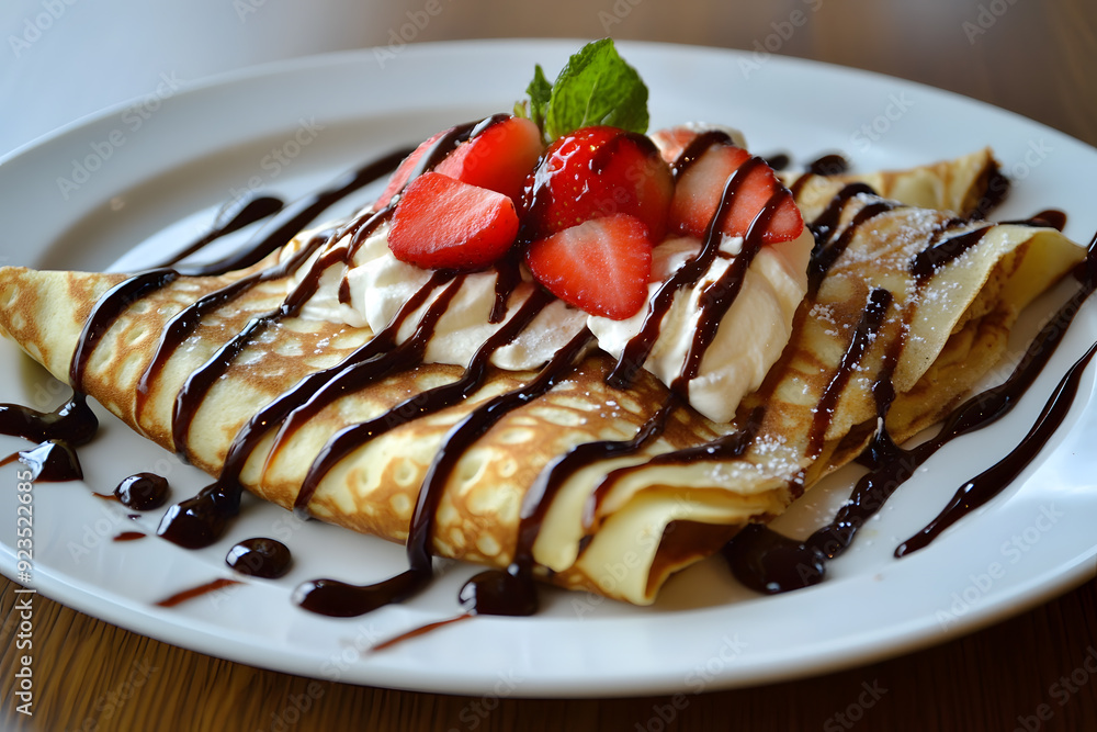 Delisious Crepes stuffed with chocolate spread and berries on white plate commercial advertising photo Delisious Crepes stuffed with chocolate spread and berries on white plate commercial advertising photo