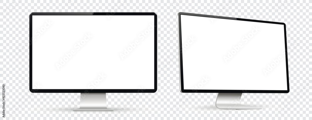Mockup of computer monitor. Front and side view with white screen on transparent background. Mockup of computer monitor. Front and side view with white screen on transparent background.