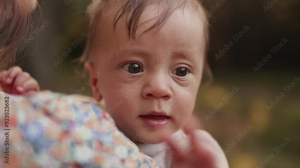 Adorable newborn baby in mom's arms while walking, close-up portrait with tender expression, family and childhood upbringing, toddler Adorable newborn baby in mom's arms while walking, close-up portrait with tender expression, family and childhood upbringing, toddler