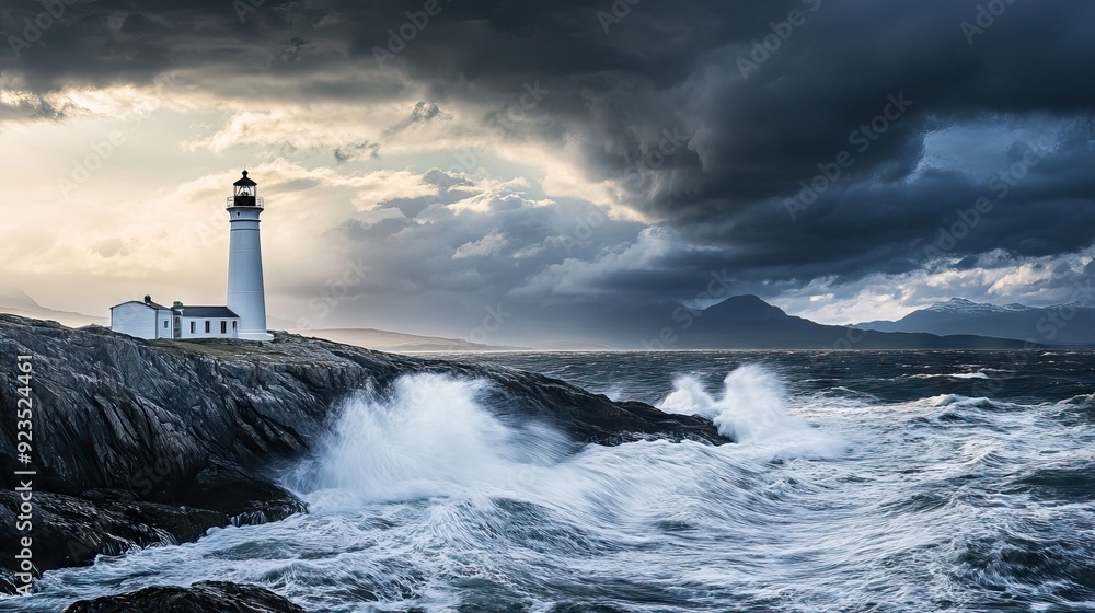 Lonely Lighthouse on Rocky Cliff with Stormy Waves and Dark Clouds, Beacon Cutting Through Mist. AI generated illustration Lonely Lighthouse on Rocky Cliff with Stormy Waves and Dark Clouds, Beacon Cutting Through Mist. AI generated illustration