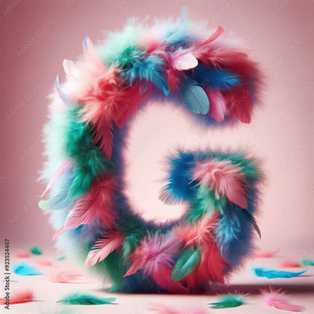 Letter G creatively crafted with pink, blue, and teal feathers, scattered against a soft pink backdrop..Concept: Playful typography, soft and delicate texture. Letter G creatively crafted with pink, blue, and teal feathers, scattered against a soft pink backdrop..Concept: Playful typography, soft and delicate texture.