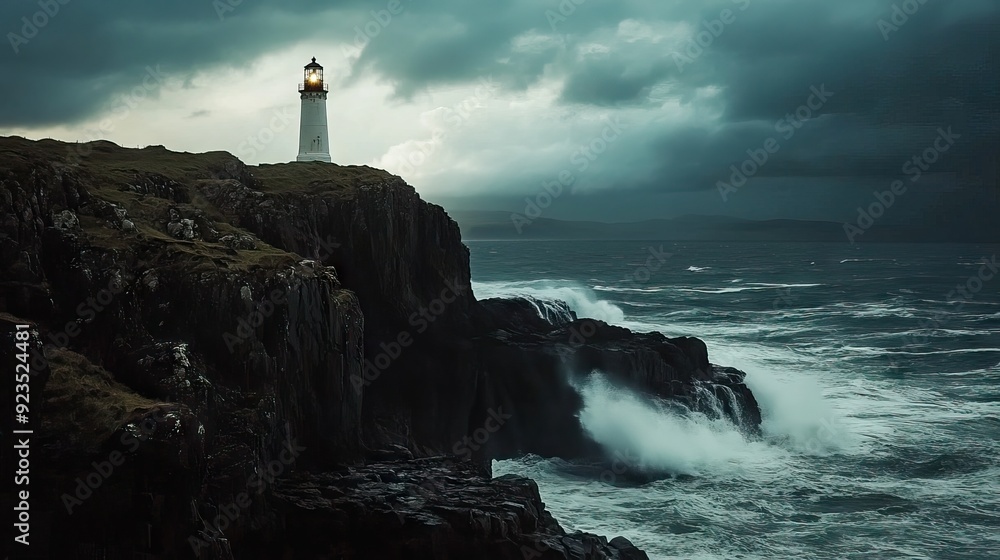 Lonely Lighthouse on Rocky Cliff with Stormy Waves and Dark Clouds, Beacon Cutting Through Mist. AI generated illustration Lonely Lighthouse on Rocky Cliff with Stormy Waves and Dark Clouds, Beacon Cutting Through Mist. AI generated illustration