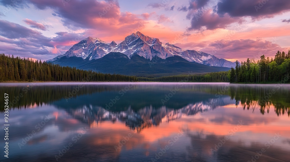 Majestic Mountain Reflected in Still Lake with Vibrant Sunset Colors and Snow-Capped Peaks. AI generated illustration Majestic Mountain Reflected in Still Lake with Vibrant Sunset Colors and Snow-Capped Peaks. AI generated illustration