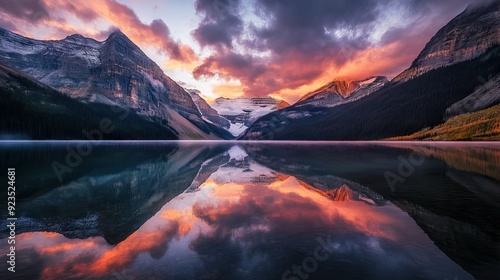 Majestic Mountain Reflected in Still Lake with Vibrant Sunset Colors and Snow-Capped Peaks. AI generated illustration