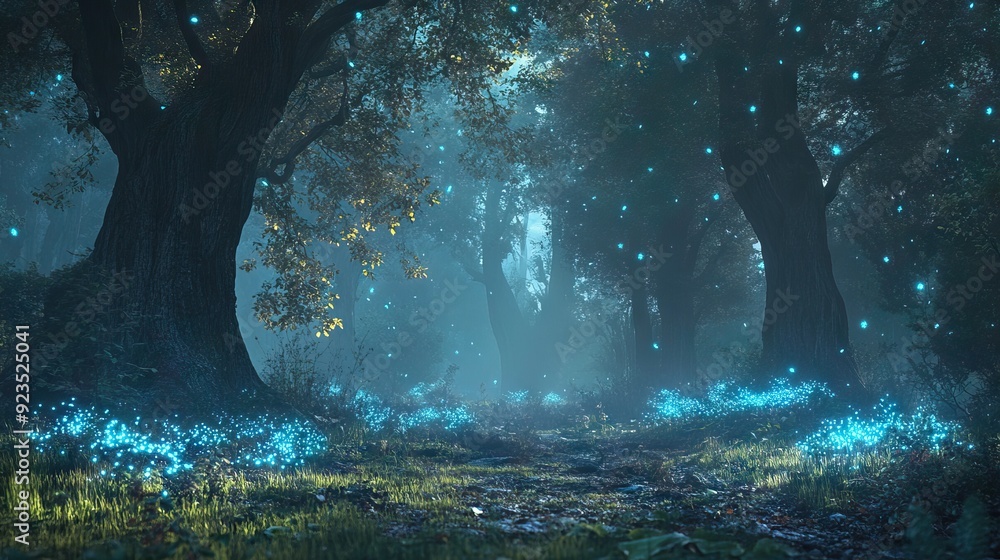 Mystical Forest Clearing with Bioluminescent Plants at Twilight and Ancient Trees. AI generated illustration Mystical Forest Clearing with Bioluminescent Plants at Twilight and Ancient Trees. AI generated illustration