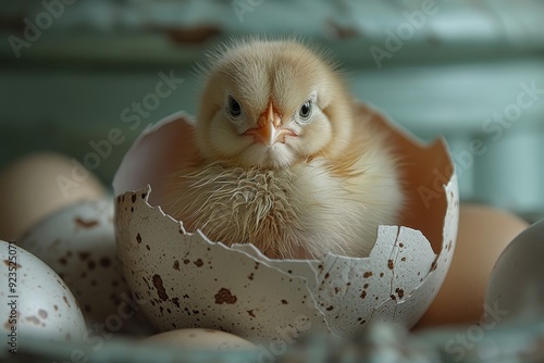 A Newly Hatched Chick Emerging From Its Egg Among Unhatched Eggs in a Calm Nesting Environment photo