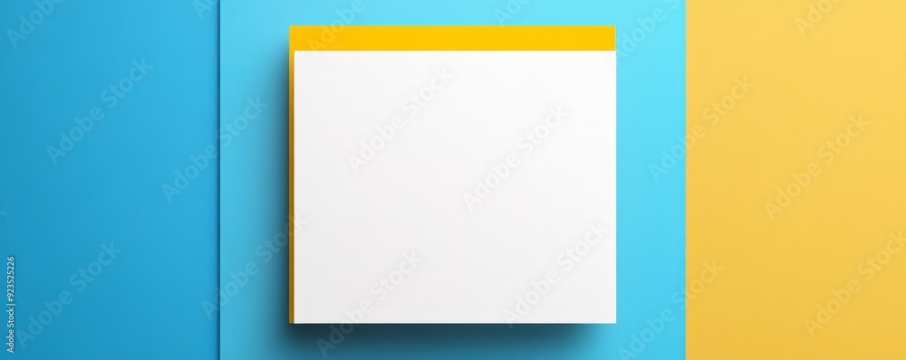 Blank white note paper on vibrant blue and yellow colored background Blank white note paper on vibrant blue and yellow colored background