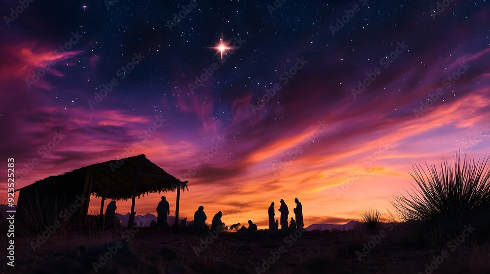 The star shines above the manger, with three kings and camels standing in silhouette against it The star shines above the manger, with three kings and camels standing in silhouette against it