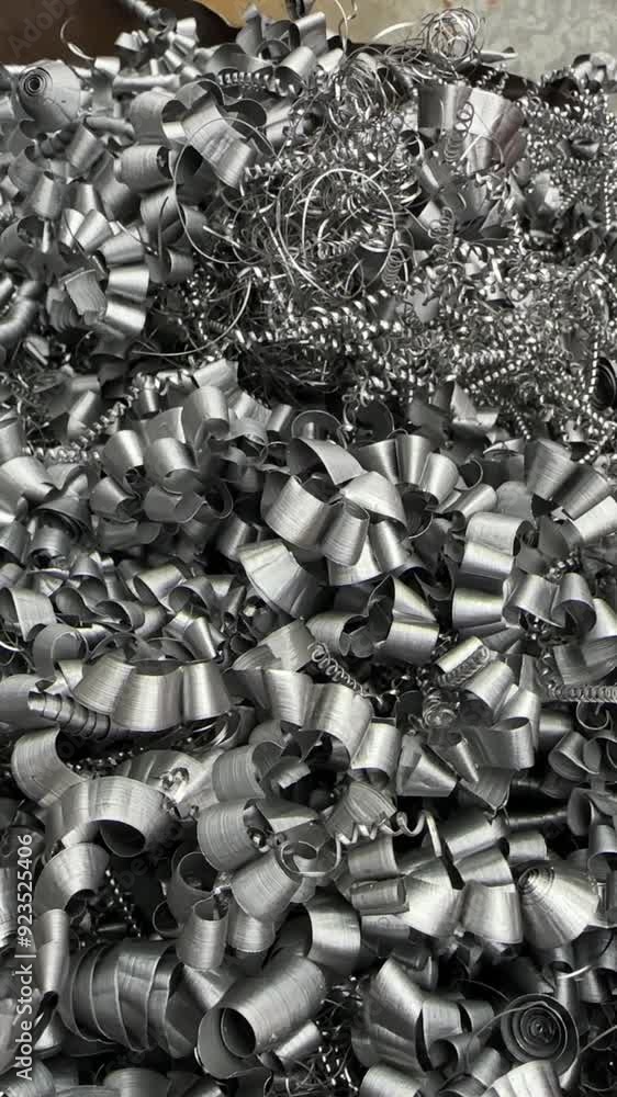 Steel scrap materials recycling. Aluminum chip waste after machining metal parts on a cnc lathe. Closeup twisted spiral steel shavings. Small roughness sharpness, Steel scrap materials recycling. Aluminum chip waste after machining metal parts on a cnc lathe. Closeup twisted spiral steel shavings. Small roughness sharpness,