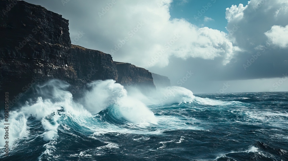 Powerful Ocean Waves Crashing Against Rugged Cliffs with Sea Spray and Dramatic Clouds. AI generated illustration Powerful Ocean Waves Crashing Against Rugged Cliffs with Sea Spray and Dramatic Clouds. AI generated illustration