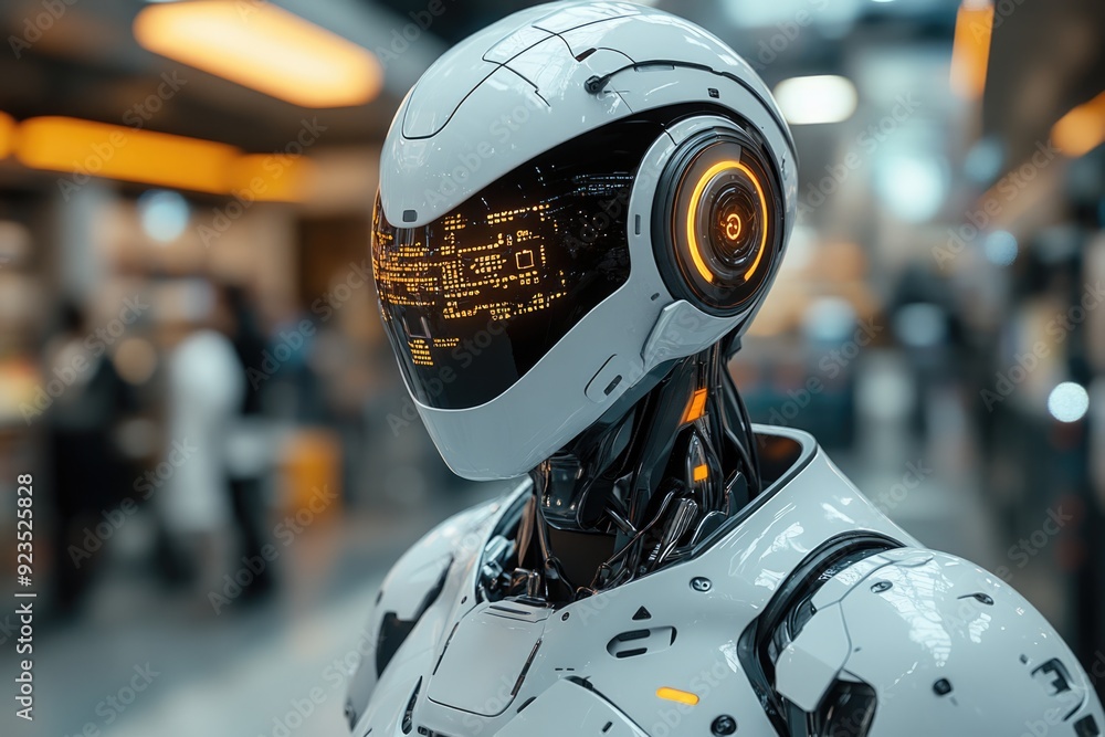 Futuristic Robot Head with Orange Glow and Detailed Design Futuristic Robot Head with Orange Glow and Detailed Design