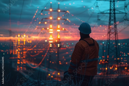 Worker Observes High Voltage Power Lines During Dusk in Urban Setting With Vibrant Sky