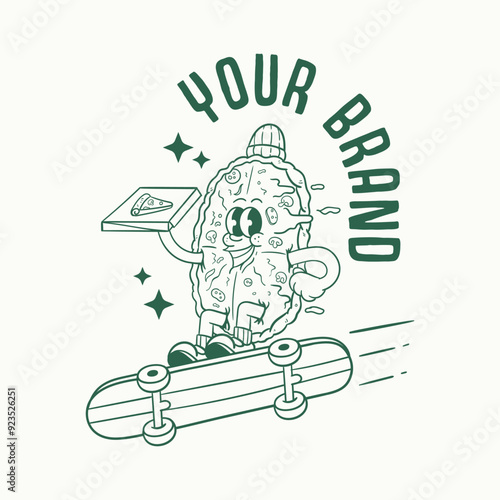 illustration of pizza cartoon character jumping from skateboard in retro style