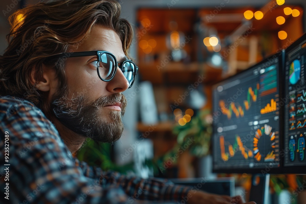 Young Man Analyzing Financial Data on Multiple Monitors in Modern Home Office Environment Young Man Analyzing Financial Data on Multiple Monitors in Modern Home Office Environment