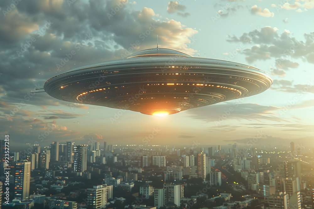 Unidentified Flying Object Hovers Over Cityscape at Dusk With Glowing Lights Unidentified Flying Object Hovers Over Cityscape at Dusk With Glowing Lights