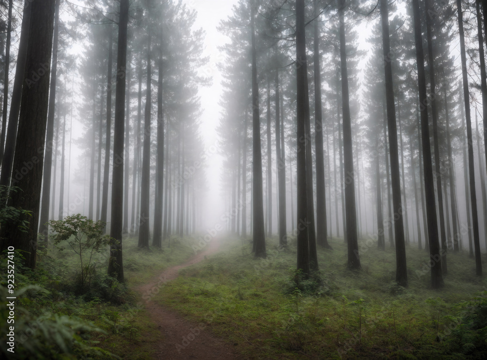 Naklejka premium Dense Fog Envelops Tall Trees in a Serene Forest Path During Early Morning