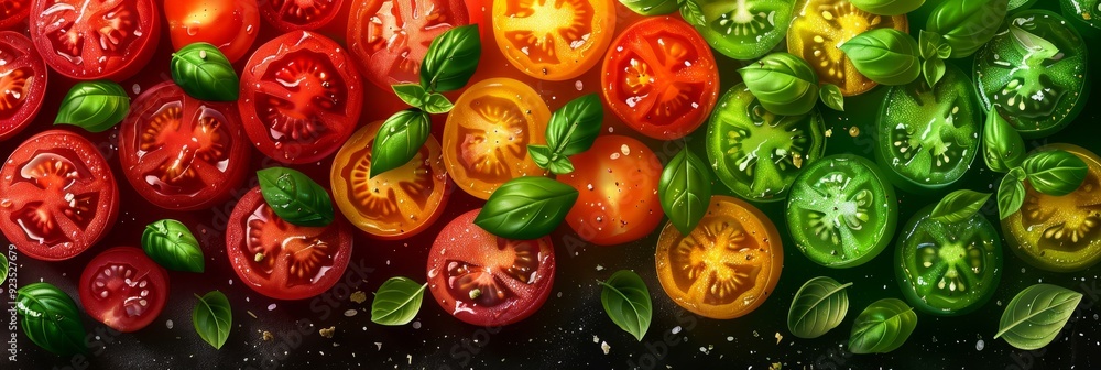 Elegant abstract background of vibrant tomatoes and fresh basil on a dark surface Elegant abstract background of vibrant tomatoes and fresh basil on a dark surface