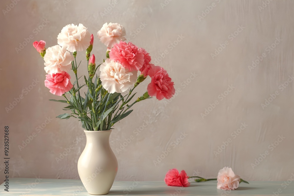 Fototapeta premium Beautiful carnation flowers in vase on table