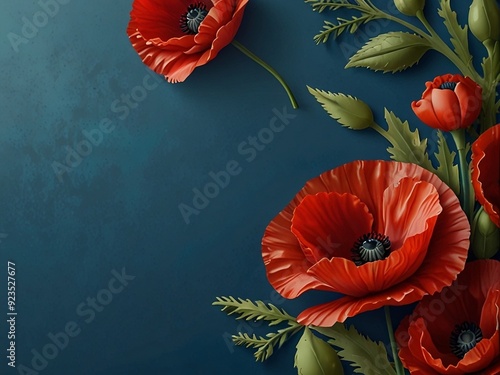 Banner with red poppy flowers on blue background, sya mbol for remembrance, memorial, Anzac day
