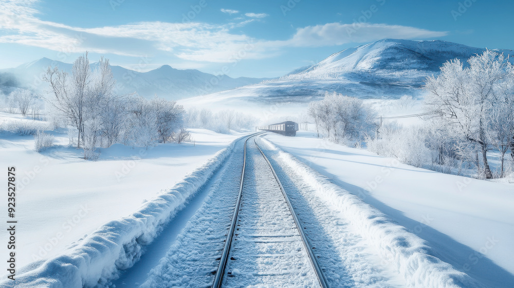 Snow-covered electric train tracks leading into a scenic snowy valley, with the train creating a path through the pristine white landscape. Snow-covered electric train tracks leading into a scenic snowy valley, with the train creating a path through the pristine white landscape.